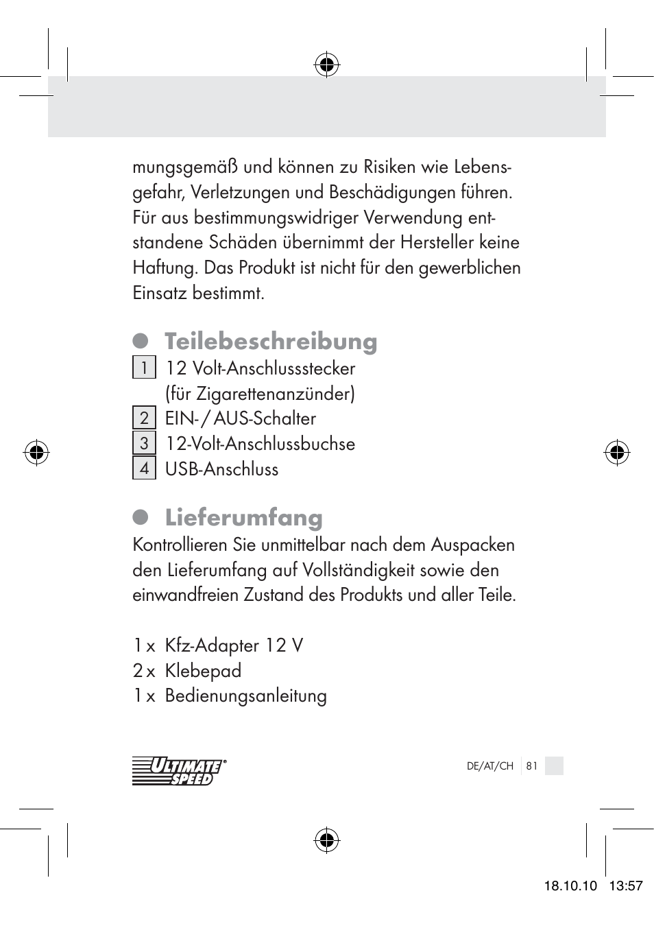 Teilebeschreibung, Lieferumfang | Ultimate Speed 12V CAR ADAPTOR User Manual | Page 79 / 89