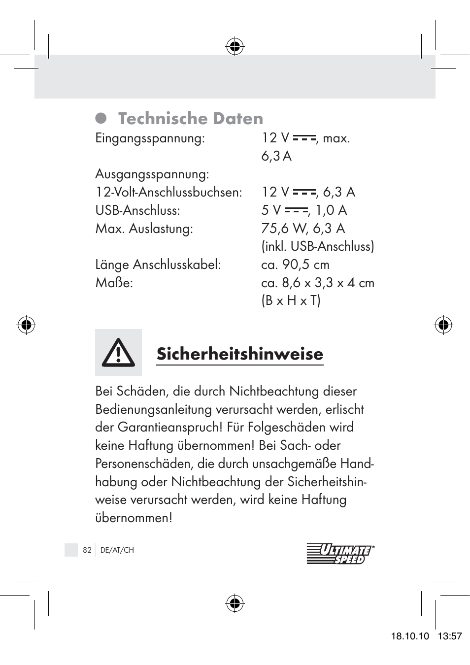 Technische daten, Sicherheitshinweise | Ultimate Speed 12V CAR ADAPTOR User Manual | Page 80 / 89