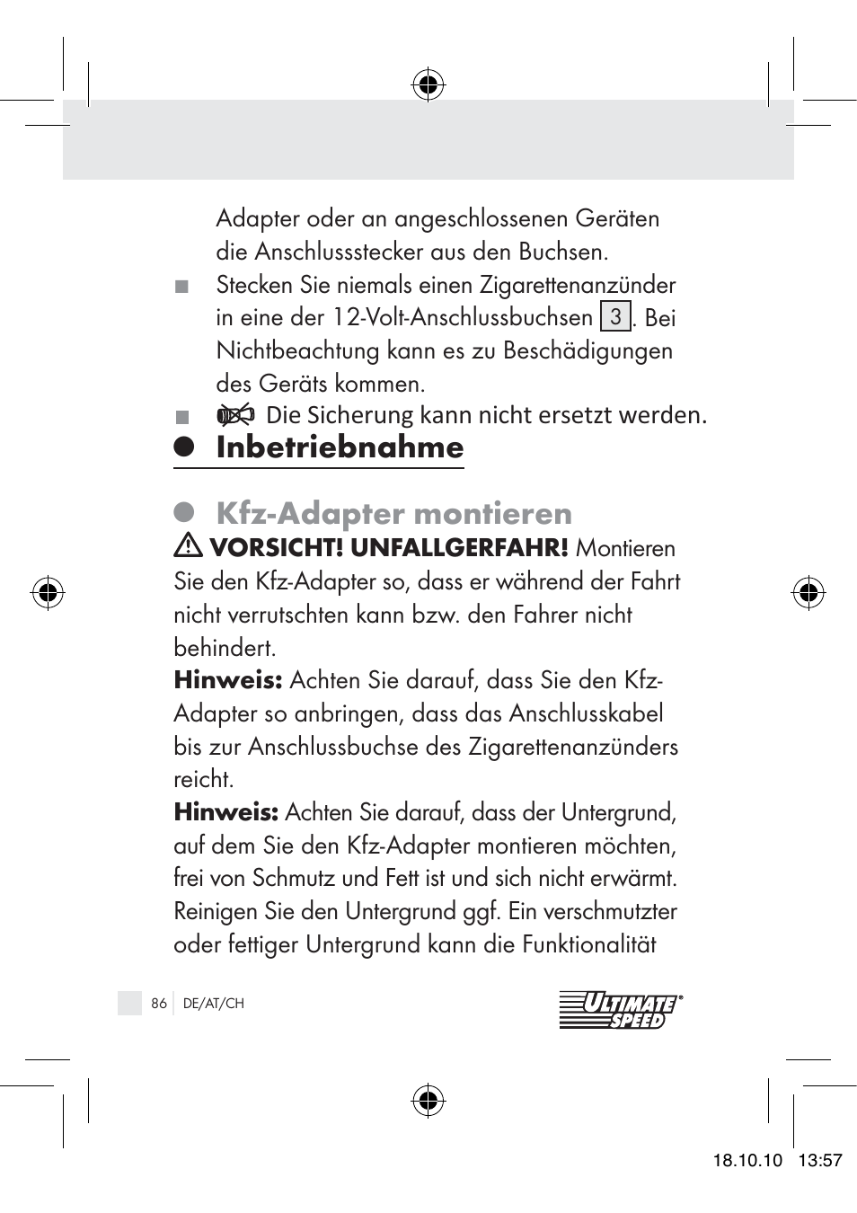 Inbetriebnahme, Kfz-adapter montieren | Ultimate Speed 12V CAR ADAPTOR User Manual | Page 84 / 89