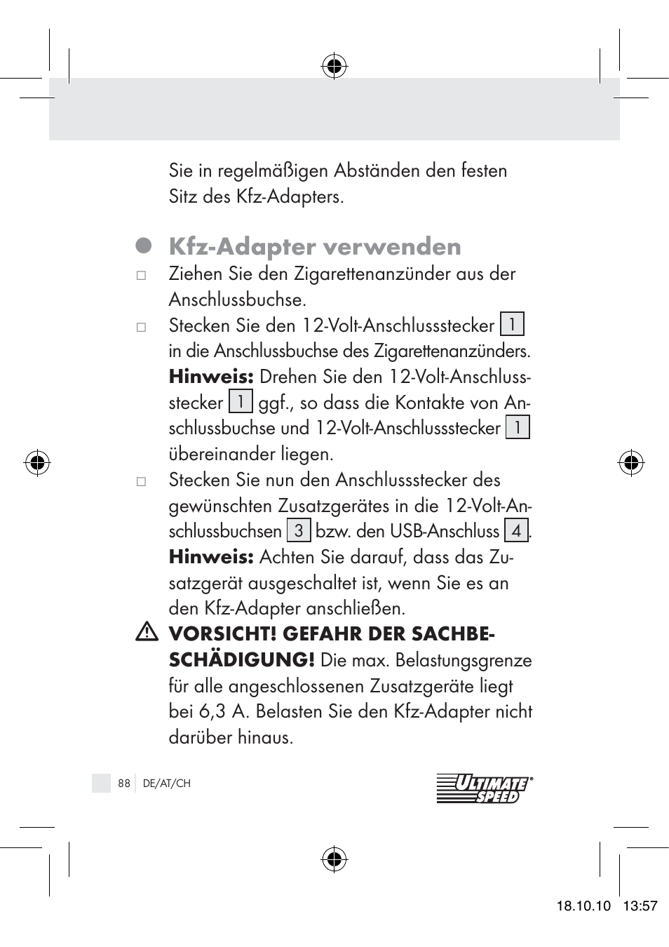 Kfz-adapter verwenden | Ultimate Speed 12V CAR ADAPTOR User Manual | Page 86 / 89