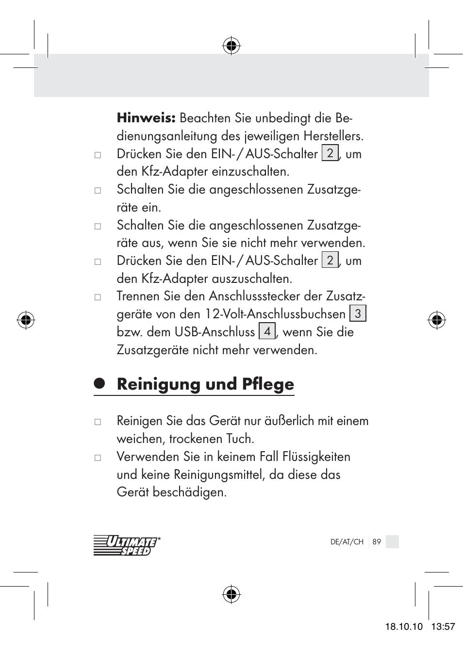 Reinigung und pﬂege | Ultimate Speed 12V CAR ADAPTOR User Manual | Page 87 / 89