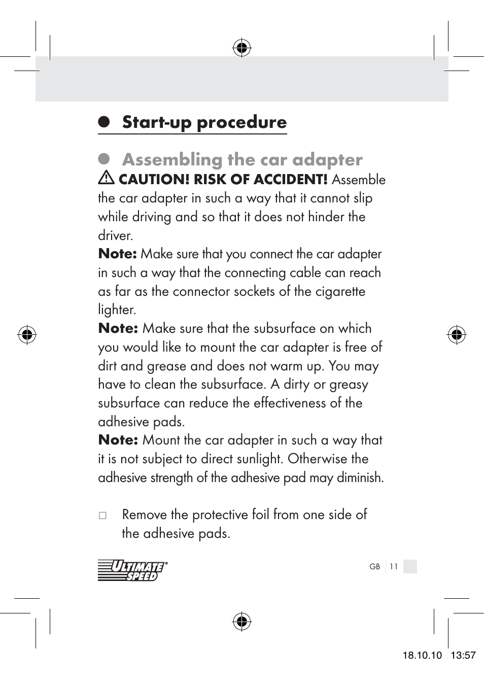 Start-up procedure, Assembling the car adapter | Ultimate Speed 12V CAR ADAPTOR User Manual | Page 9 / 89