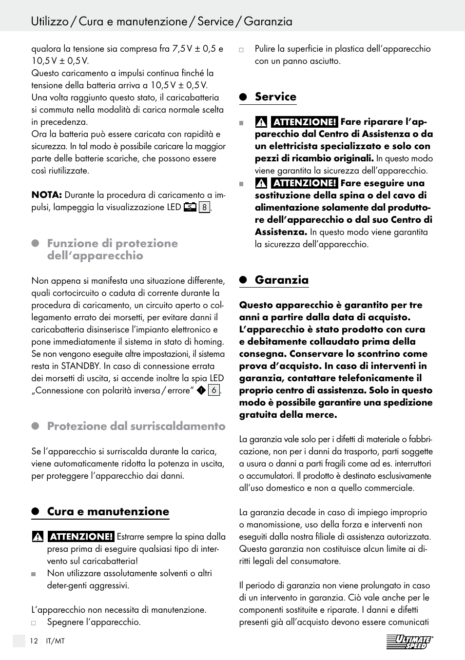 Funzione di protezione dell‘apparecchio, Protezione dal surriscaldamento, Cura e manutenzione | Service, Garanzia | Ultimate Speed ULG 3.8 A1 User Manual | Page 12 / 44