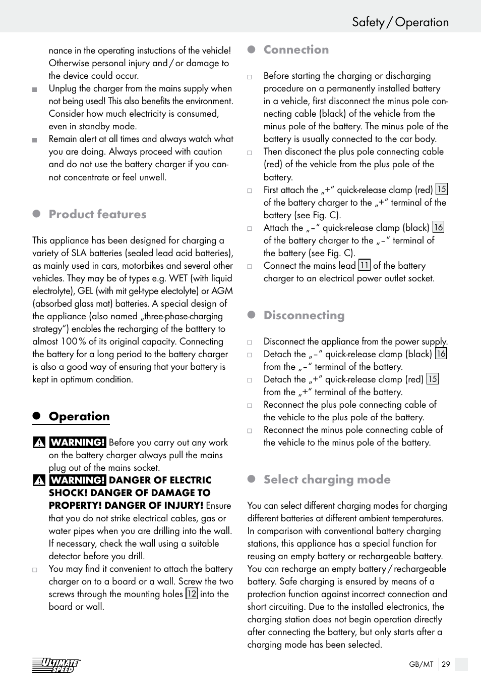 Safety / operation safety, Product features, Operation | Connection, Disconnecting, Select charging mode | Ultimate Speed ULG 3.8 A1 User Manual | Page 29 / 44