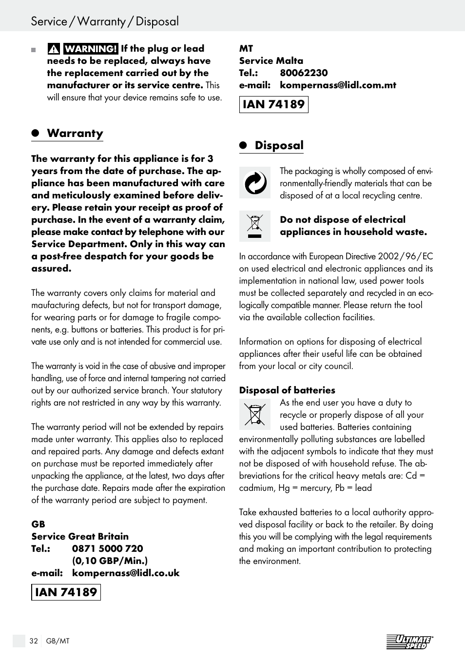 Declaration of conformity / manufacturer, Service / warranty / disposal, Warranty | Disposal | Ultimate Speed ULG 3.8 A1 User Manual | Page 32 / 44