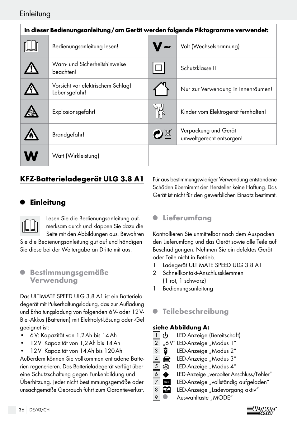 Einleitung / sicherheit einleitung, Kfz-batterieladegerät ulg 3.8 a1, Einleitung | Bestimmungsgemäße verwendung, Lieferumfang, Teilebeschreibung | Ultimate Speed ULG 3.8 A1 User Manual | Page 36 / 44