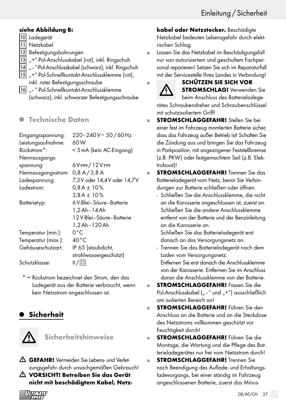 Einleitung / sicherheit, Einleitung, Technische daten | Sicherheit sicherheitshinweise | Ultimate Speed ULG 3.8 A1 User Manual | Page 37 / 44
