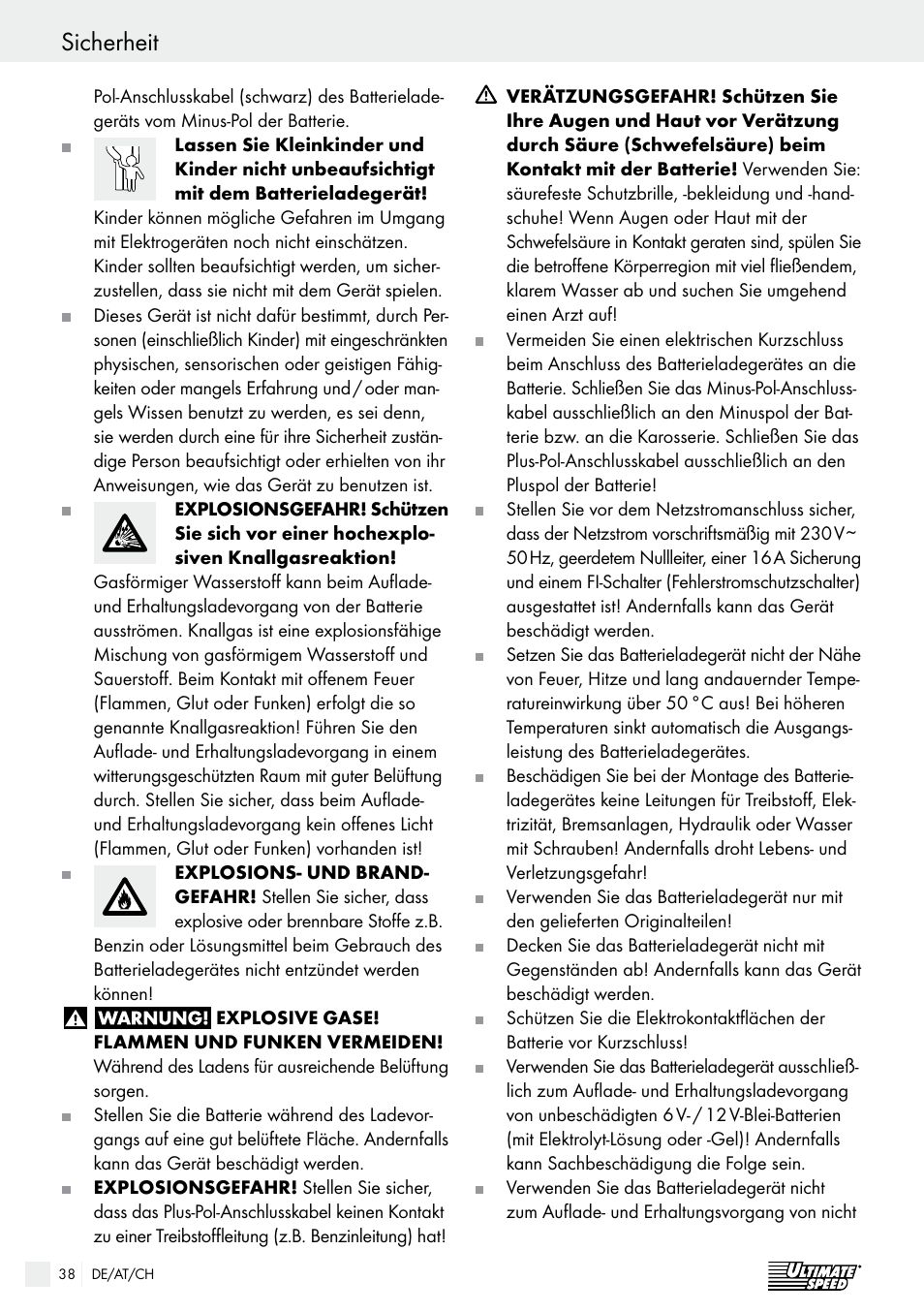 Sicherheit / bedienung, Sicherheit | Ultimate Speed ULG 3.8 A1 User Manual | Page 38 / 44