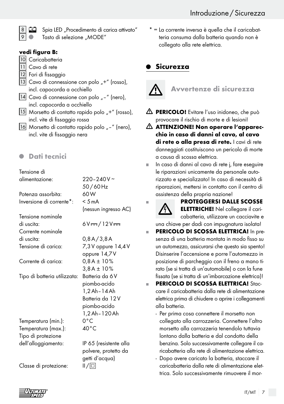 Introduzione / sicurezza, Introduzione, Dati tecnici | Sicurezza avvertenze di sicurezza | Ultimate Speed ULG 3.8 A1 User Manual | Page 7 / 44