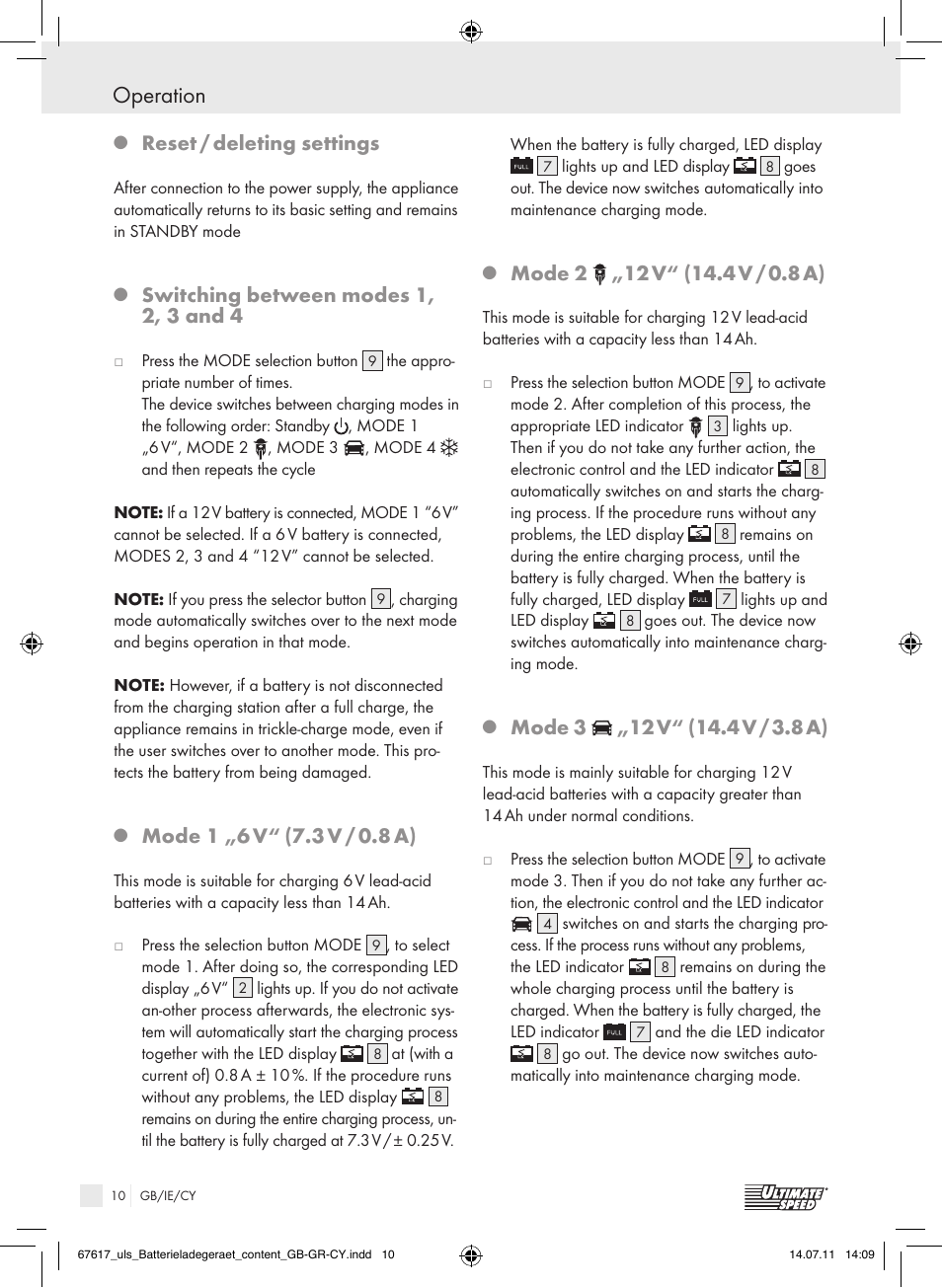 Operation, Reset / deleting settings, Switching between modes 1, 2, 3 and 4 | Mode 1 „6 v, 3 v / 0.8 a), Mode 2, Mode 3 | Ultimate Speed ULG 3.8 A1 User Manual | Page 11 / 26