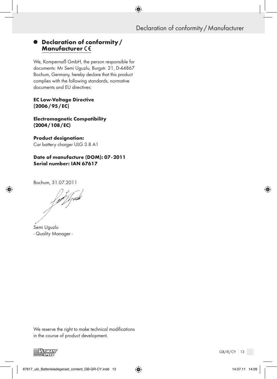 Declaration of conformity / manufacturer | Ultimate Speed ULG 3.8 A1 User Manual | Page 14 / 26