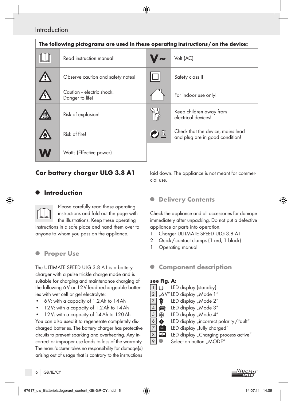 Introduction, Car battery charger ulg 3.8 a1, Proper use | Delivery contents, Component description | Ultimate Speed ULG 3.8 A1 User Manual | Page 7 / 26