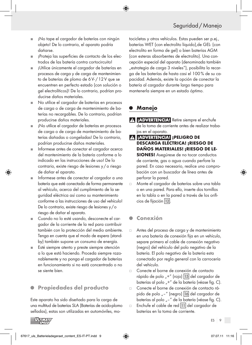 Seguridad / manejo, Propiedades del producto, Manejo | Conexión | Ultimate Speed ULG 3.8 A1 User Manual | Page 10 / 55