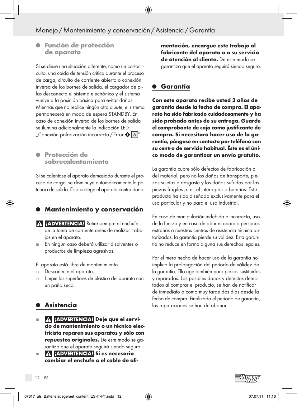 Función de protección de aparato, Protección de sobrecalentamiento, Mantenimiento y conservación | Asistencia, Garantía | Ultimate Speed ULG 3.8 A1 User Manual | Page 13 / 55