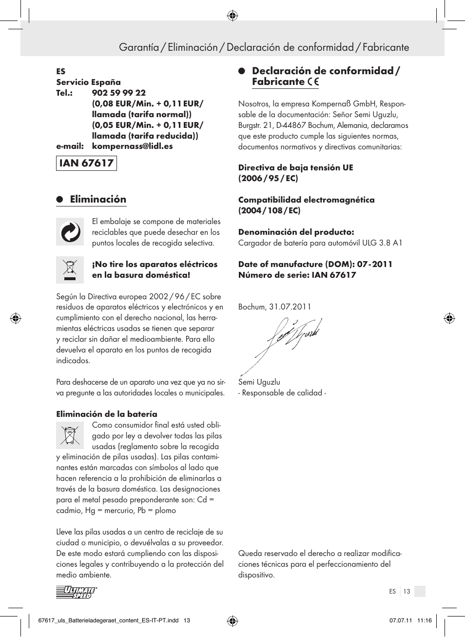 Eliminación, Declaración de conformidad / fabricante | Ultimate Speed ULG 3.8 A1 User Manual | Page 14 / 55