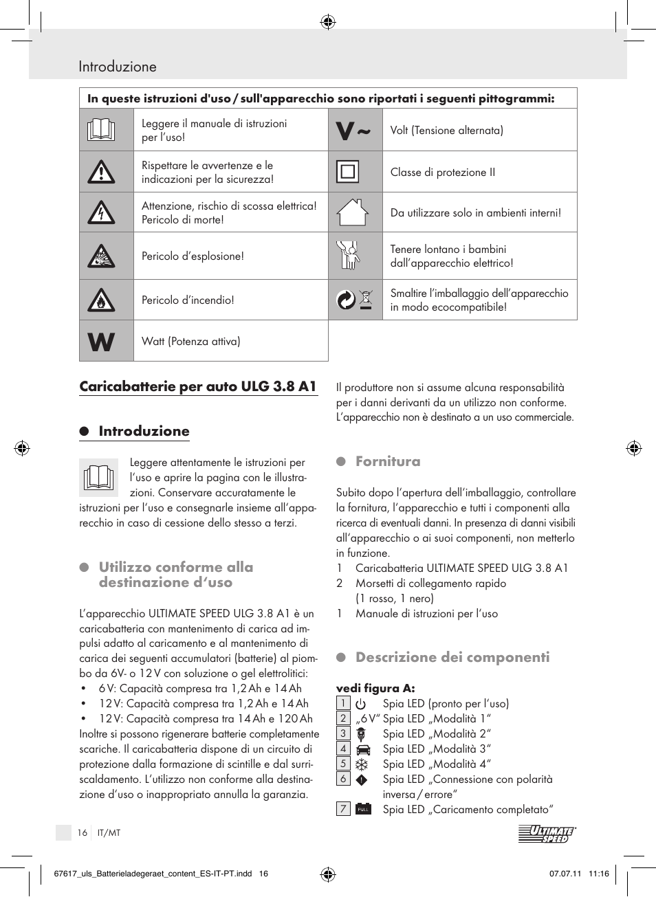 Introduzione, Caricabatterie per auto ulg 3.8 a1, Utilizzo conforme alla destinazione d‘uso | Fornitura, Descrizione dei componenti | Ultimate Speed ULG 3.8 A1 User Manual | Page 17 / 55