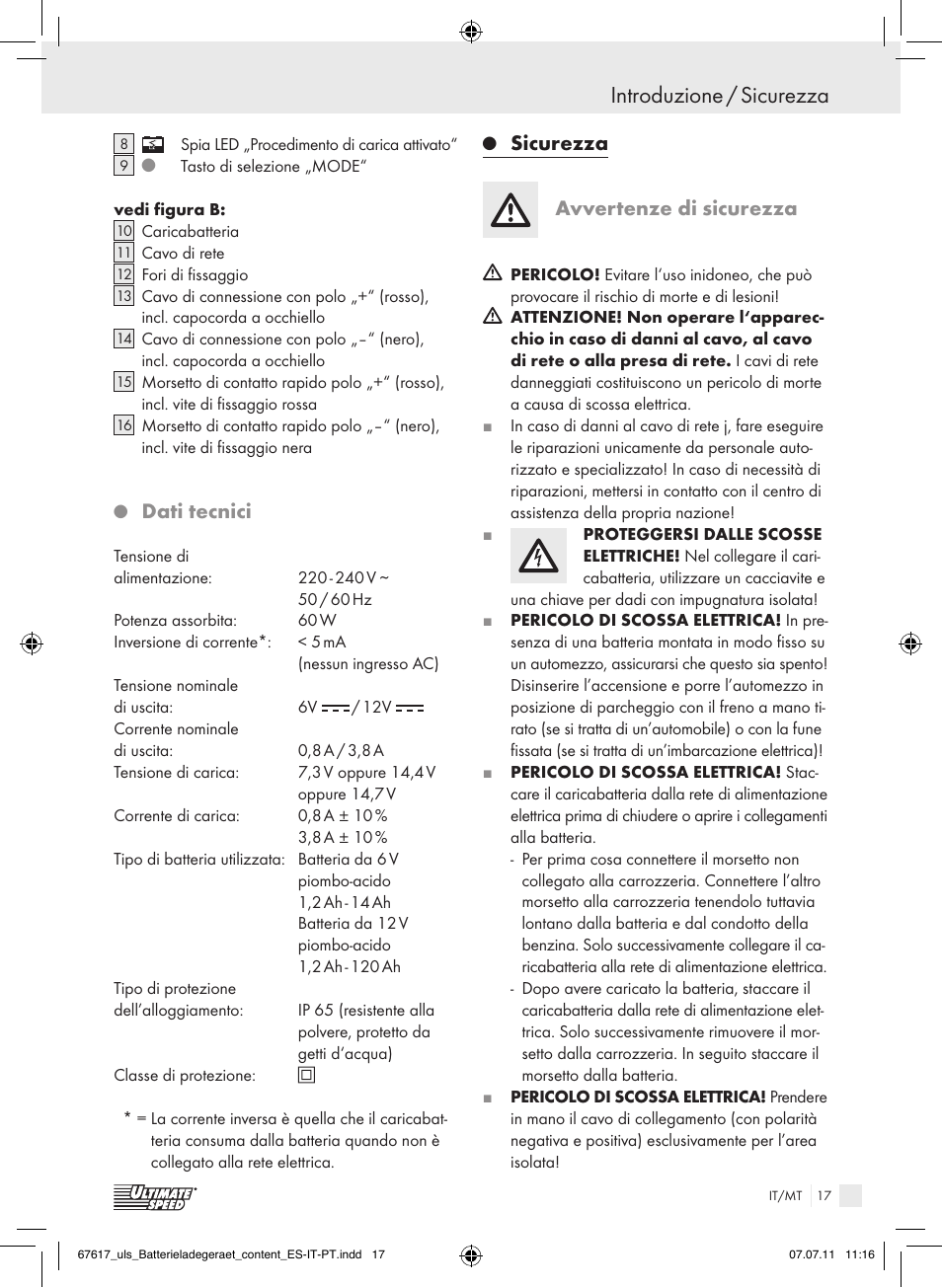 Introduzione / sicurezza, Dati tecnici, Sicurezza avvertenze di sicurezza | Ultimate Speed ULG 3.8 A1 User Manual | Page 18 / 55