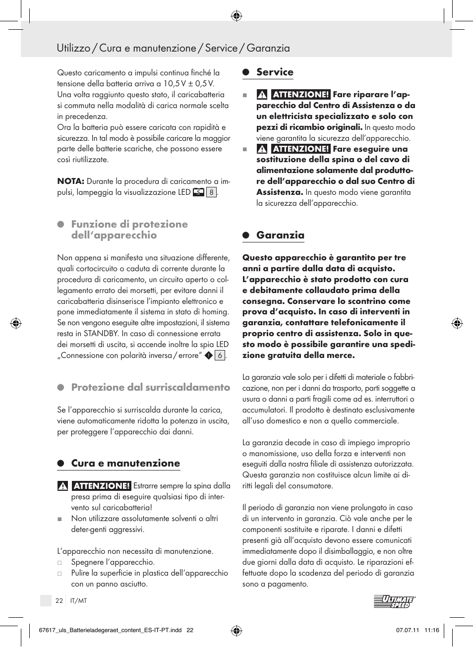 Funzione di protezione dell‘apparecchio, Protezione dal surriscaldamento, Cura e manutenzione | Service, Garanzia | Ultimate Speed ULG 3.8 A1 User Manual | Page 23 / 55