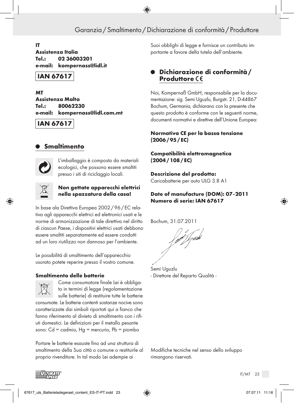 Smaltimento, Dichiarazione di conformità / produttore | Ultimate Speed ULG 3.8 A1 User Manual | Page 24 / 55