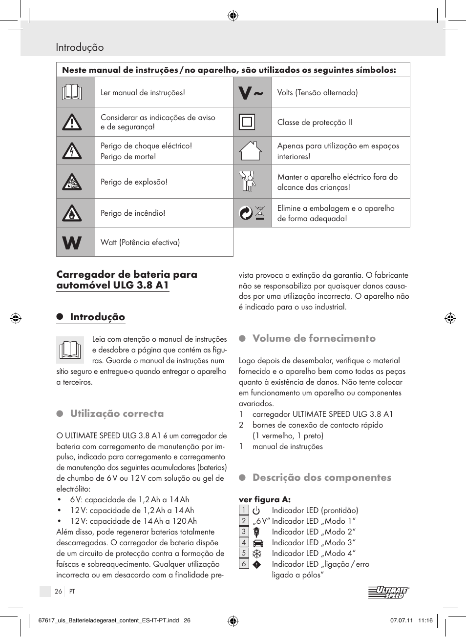 Introdução, Carregador de bateria para automóvel ulg 3.8 a1, Utilização correcta | Volume de fornecimento, Descrição dos componentes | Ultimate Speed ULG 3.8 A1 User Manual | Page 27 / 55