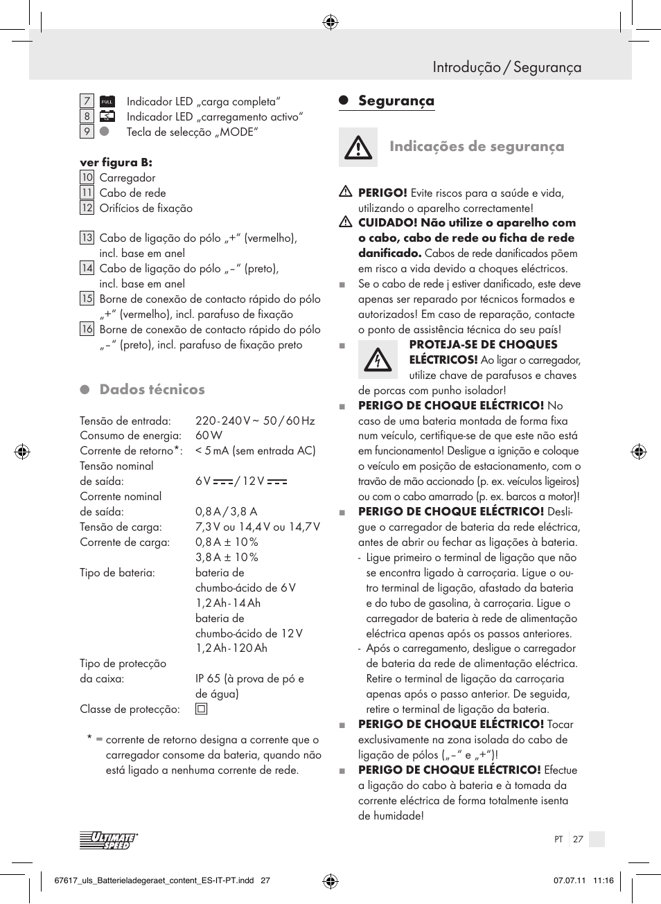 Introdução / segurança, Dados técnicos, Segurança indicações de segurança | Ultimate Speed ULG 3.8 A1 User Manual | Page 28 / 55