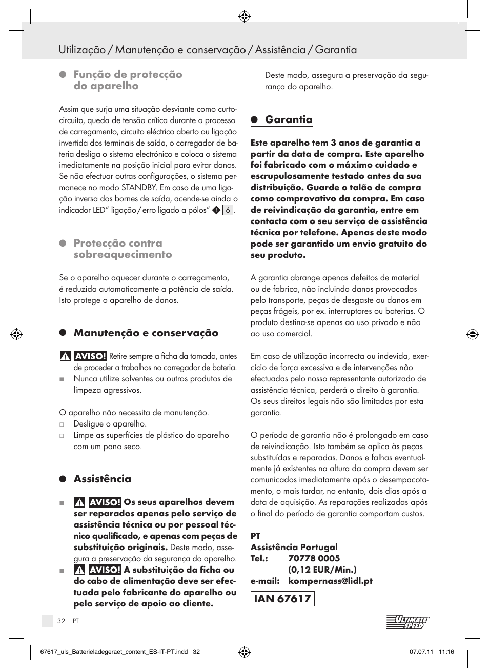 Função de protecção do aparelho, Protecção contra sobreaquecimento, Manutenção e conservação | Assistência, Garantia | Ultimate Speed ULG 3.8 A1 User Manual | Page 33 / 55