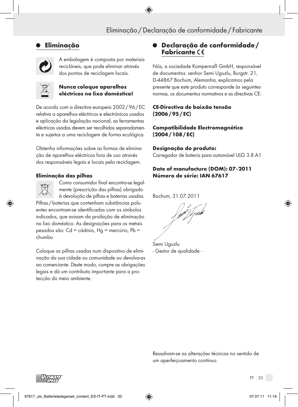 Eliminação, Declaração de conformidade / fabricante | Ultimate Speed ULG 3.8 A1 User Manual | Page 34 / 55