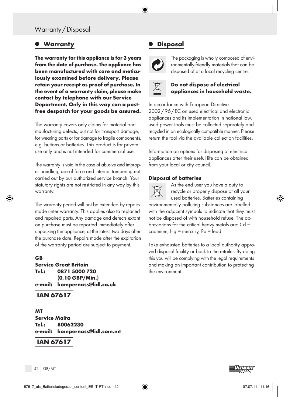 Warranty / disposal, Warranty, Disposal | Ultimate Speed ULG 3.8 A1 User Manual | Page 43 / 55