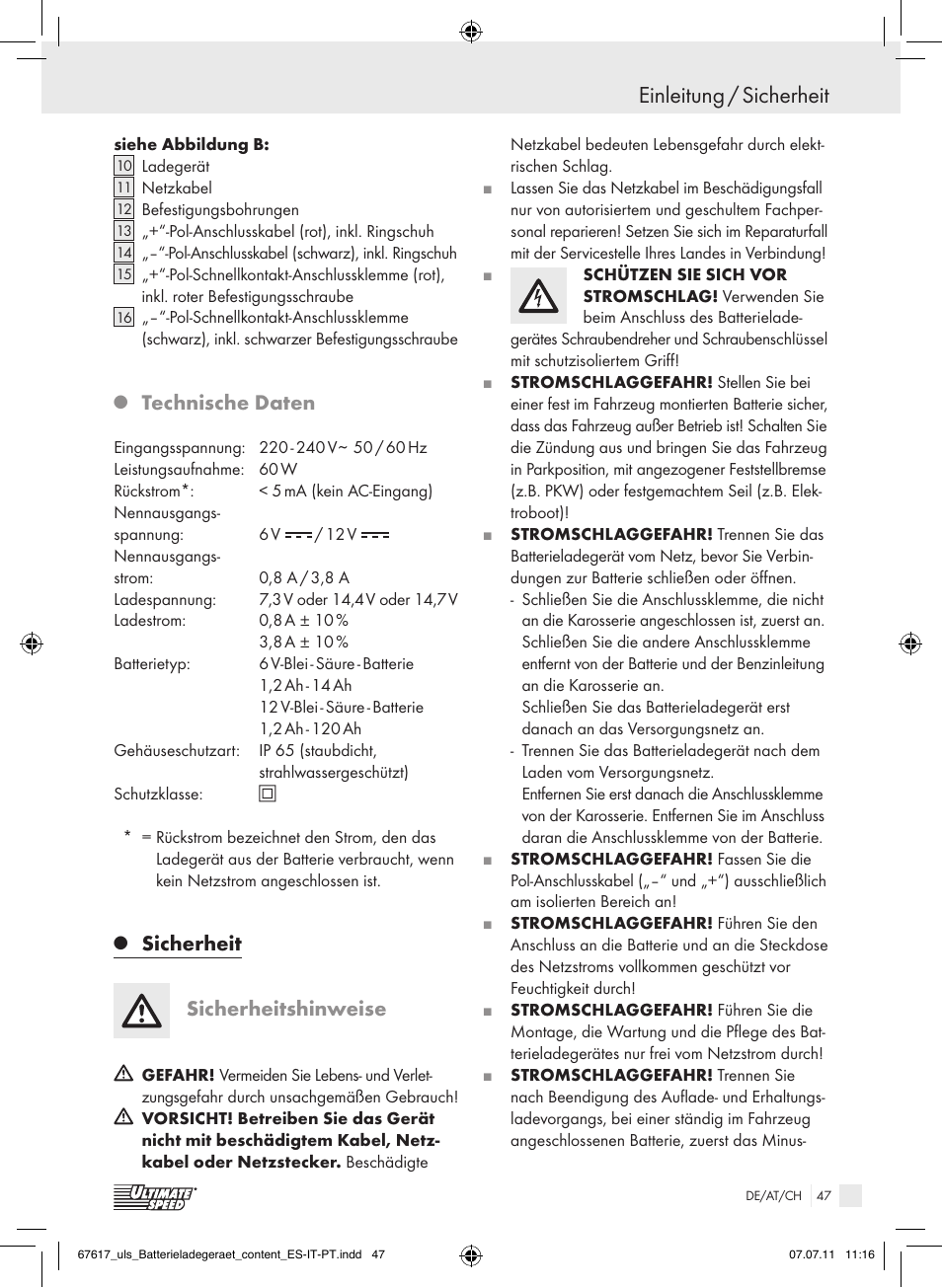 Einleitung / sicherheit, Technische daten, Sicherheit sicherheitshinweise | Ultimate Speed ULG 3.8 A1 User Manual | Page 48 / 55