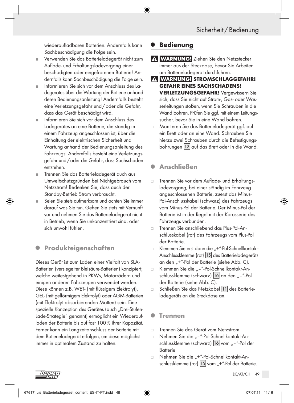 Sicherheit / bedienung, Produkteigenschaften, Bedienung | Anschließen, Trennen | Ultimate Speed ULG 3.8 A1 User Manual | Page 50 / 55