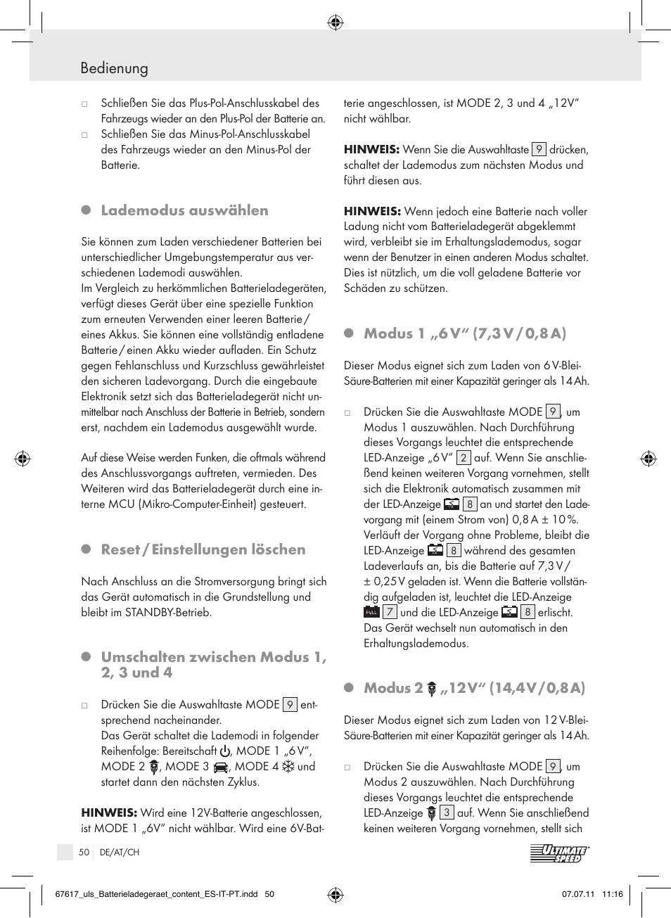 Bedienung, Lademodus auswählen, Reset / einstellungen löschen | Umschalten zwischen modus 1, 2, 3 und 4, Modus 1 „6 v, 7,3 v / 0,8 a), Modus 2 | Ultimate Speed ULG 3.8 A1 User Manual | Page 51 / 55