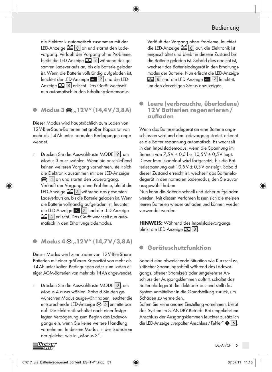 Bedienung, Modus 3, Geräteschutzfunktion | Ultimate Speed ULG 3.8 A1 User Manual | Page 52 / 55