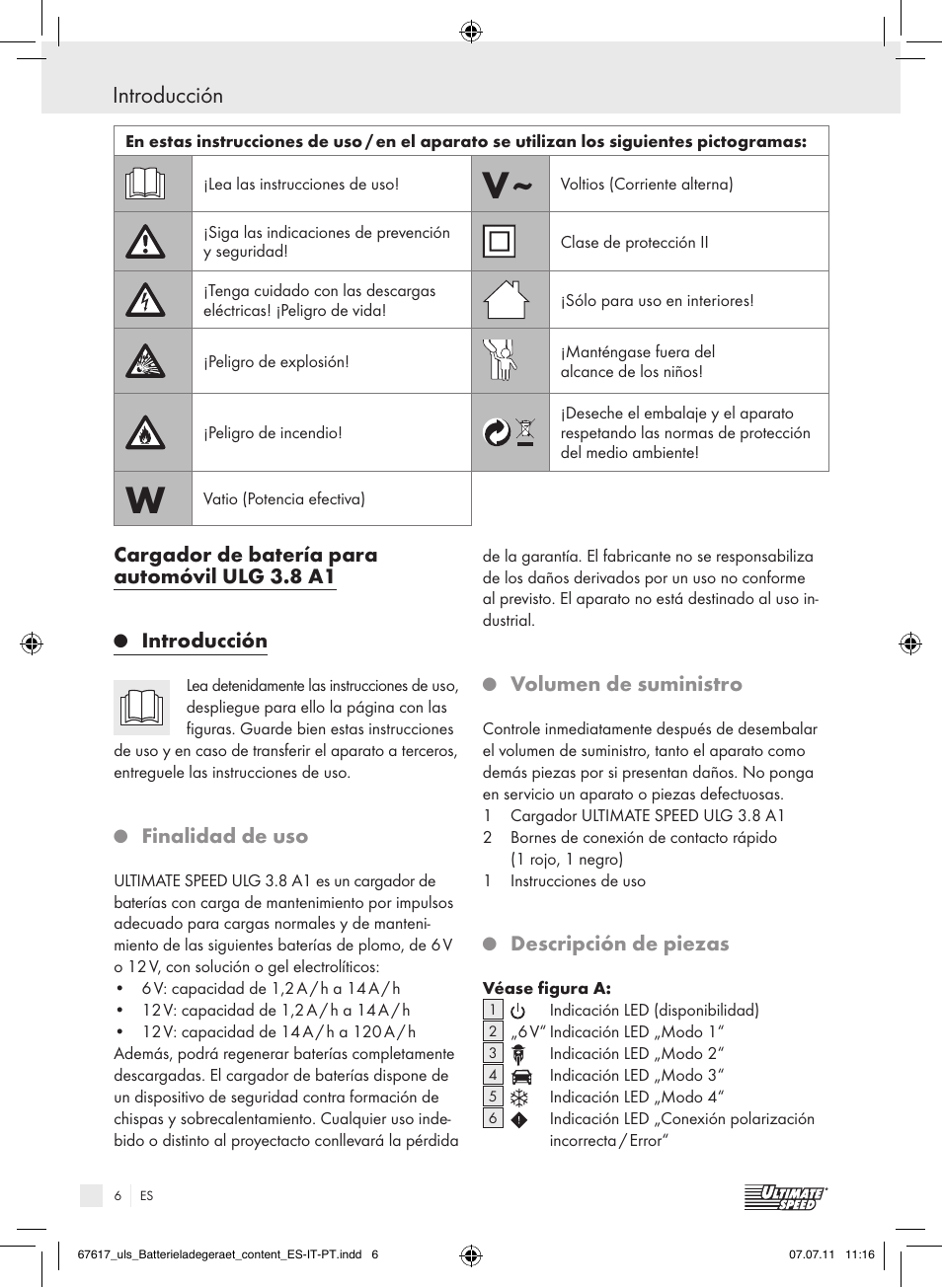 Introducción, Cargador de batería para automóvil ulg 3.8 a1, Finalidad de uso | Volumen de suministro, Descripción de piezas | Ultimate Speed ULG 3.8 A1 User Manual | Page 7 / 55
