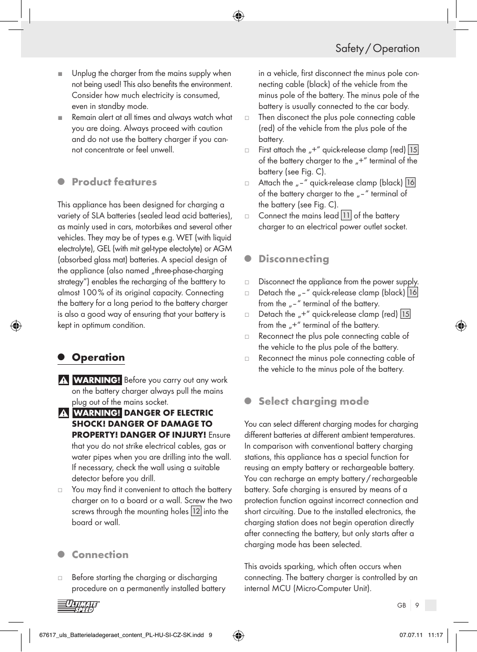 Safety / operation, Product features, Operation | Connection, Disconnecting, Select charging mode | Ultimate Speed ULG 3.8 A1 User Manual | Page 10 / 73