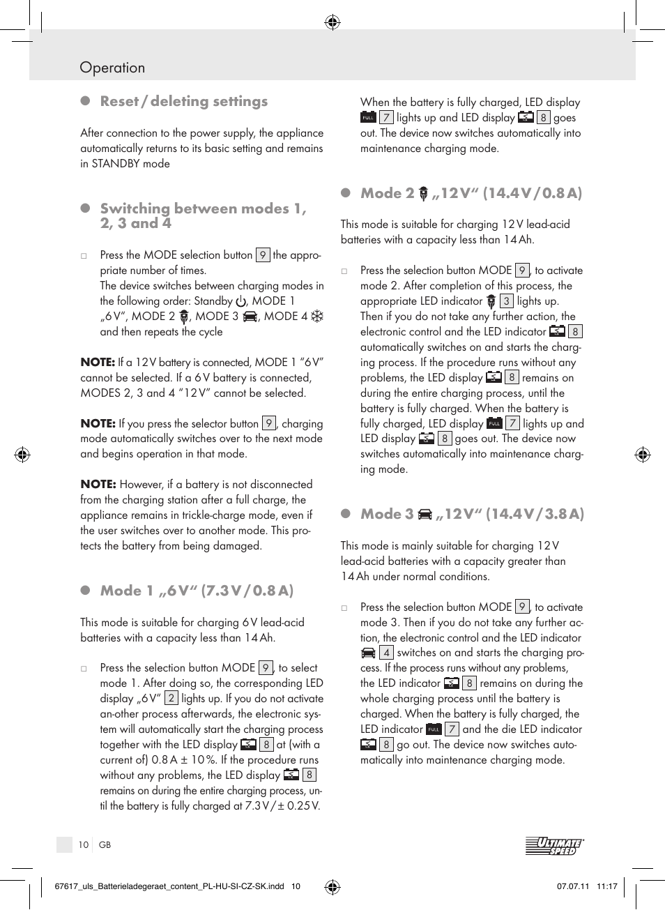 Operation, Reset / deleting settings, Switching between modes 1, 2, 3 and 4 | Mode 1 „6 v, 3 v / 0.8 a), Mode 2, Mode 3 | Ultimate Speed ULG 3.8 A1 User Manual | Page 11 / 73