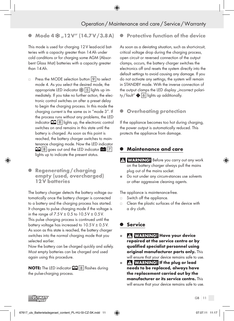 Protective function of the device, Overheating protection, Maintenance and care | Service | Ultimate Speed ULG 3.8 A1 User Manual | Page 12 / 73