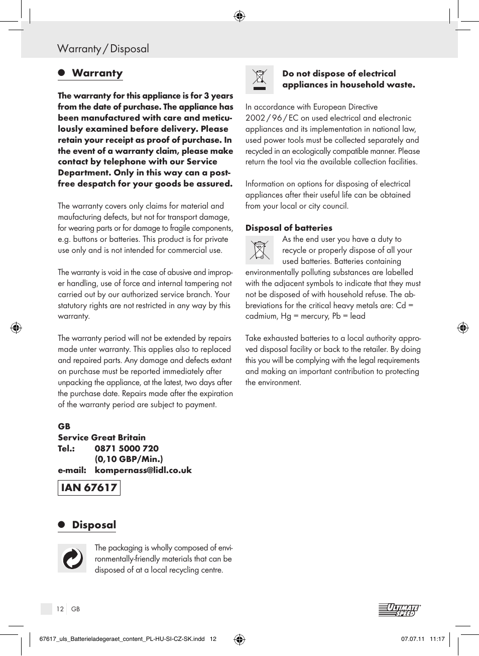 Warranty / disposal, Warranty, Disposal | Ultimate Speed ULG 3.8 A1 User Manual | Page 13 / 73