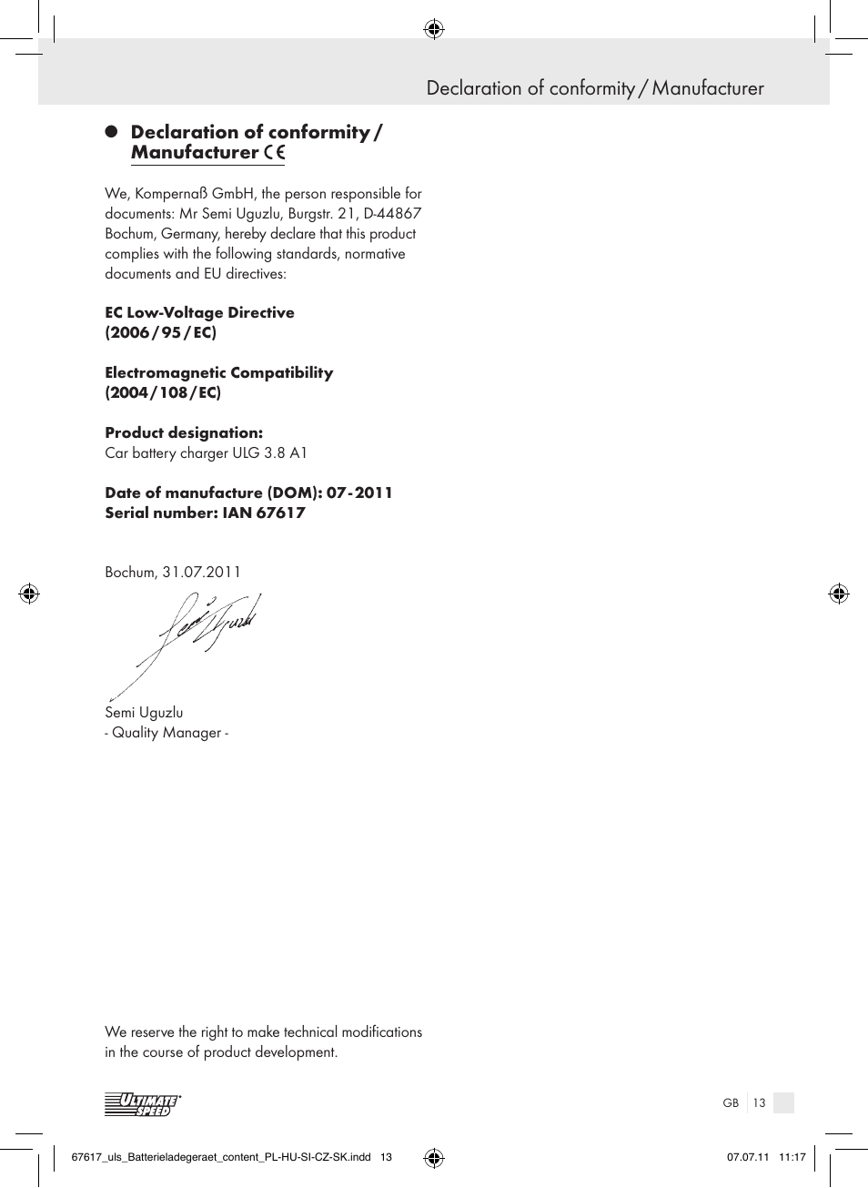 Declaration of conformity / manufacturer | Ultimate Speed ULG 3.8 A1 User Manual | Page 14 / 73