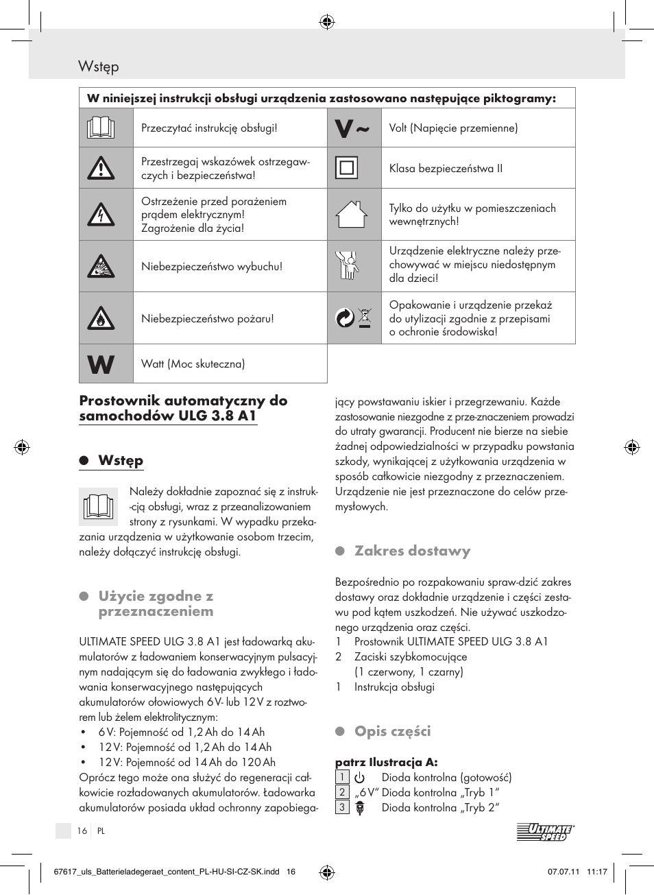 Wstęp, Prostownik automatyczny do samochodów ulg 3.8 a1, Użycie zgodne z przeznaczeniem | Zakres dostawy, Opis części | Ultimate Speed ULG 3.8 A1 User Manual | Page 17 / 73