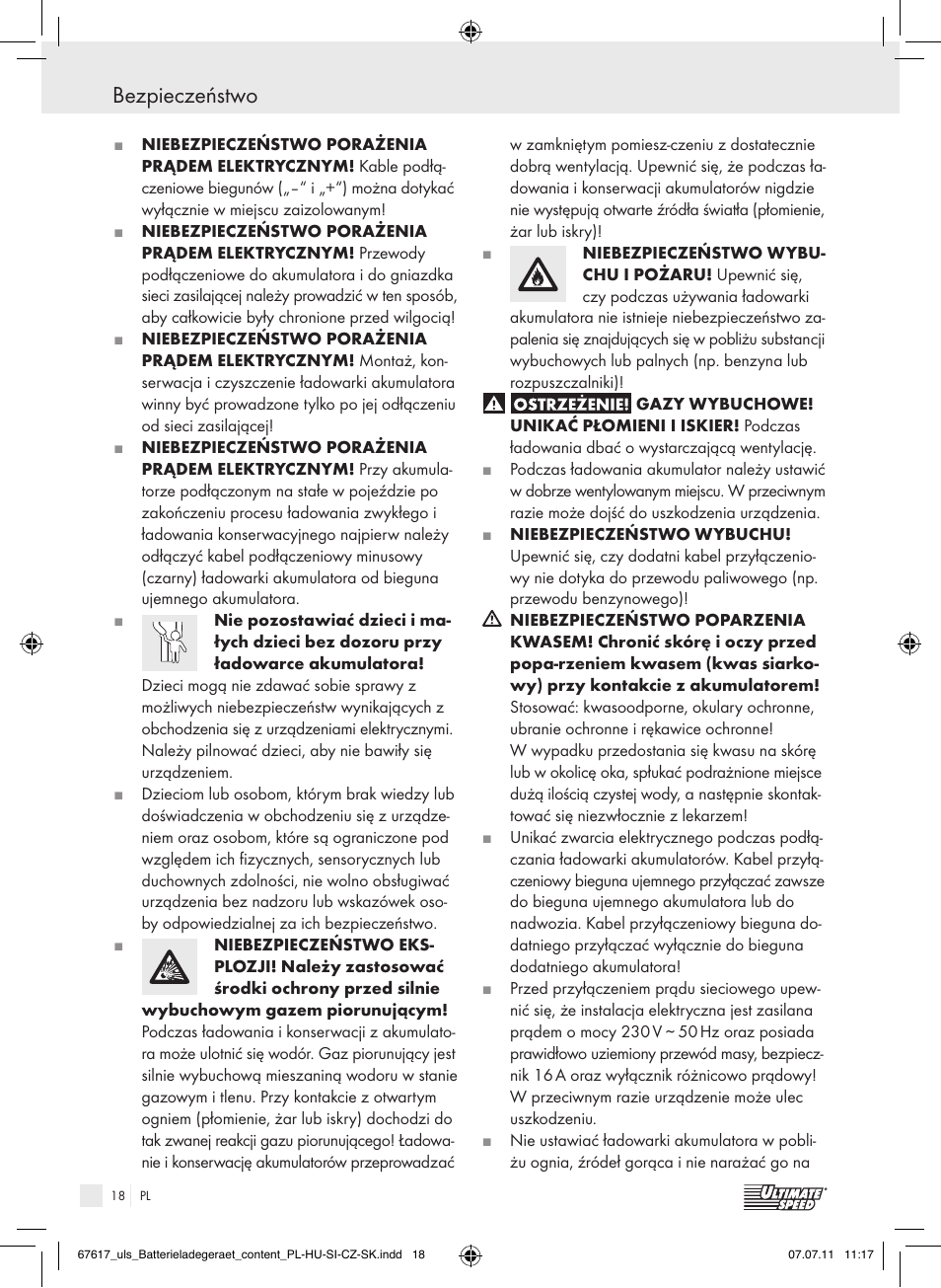Bezpieczeństwo | Ultimate Speed ULG 3.8 A1 User Manual | Page 19 / 73