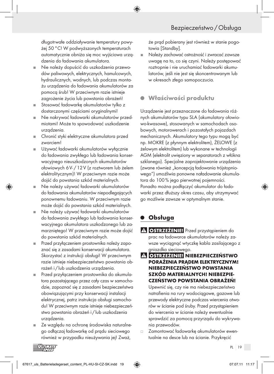 Bezpieczeństwo / obsługa, Właściwości produktu, Obsługa | Ultimate Speed ULG 3.8 A1 User Manual | Page 20 / 73