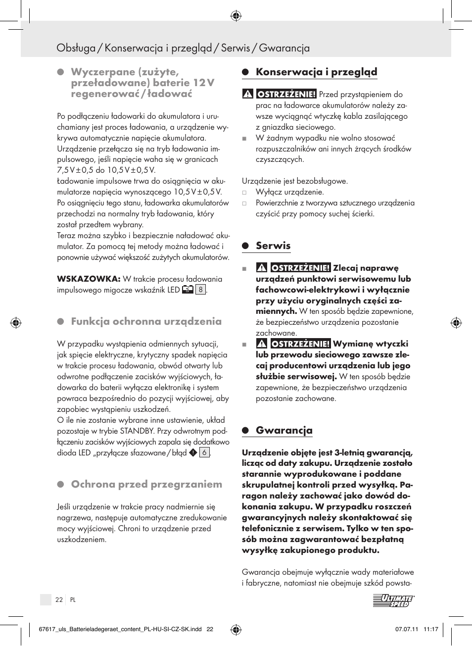 Funkcja ochronna urządzenia, Ochrona przed przegrzaniem, Konserwacja i przegląd | Serwis, Gwarancja | Ultimate Speed ULG 3.8 A1 User Manual | Page 23 / 73