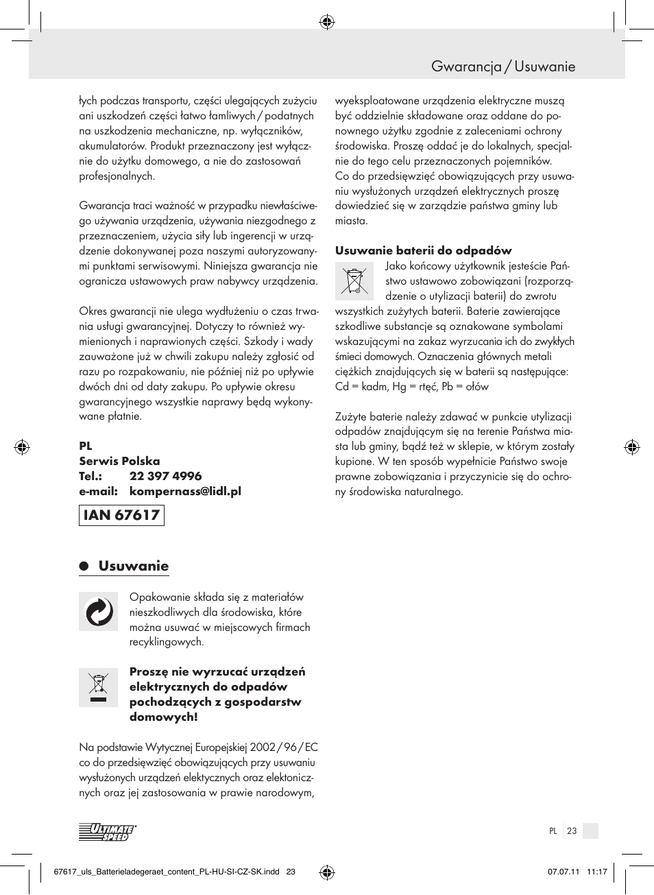 Gwarancja / usuwanie, Usuwanie | Ultimate Speed ULG 3.8 A1 User Manual | Page 24 / 73
