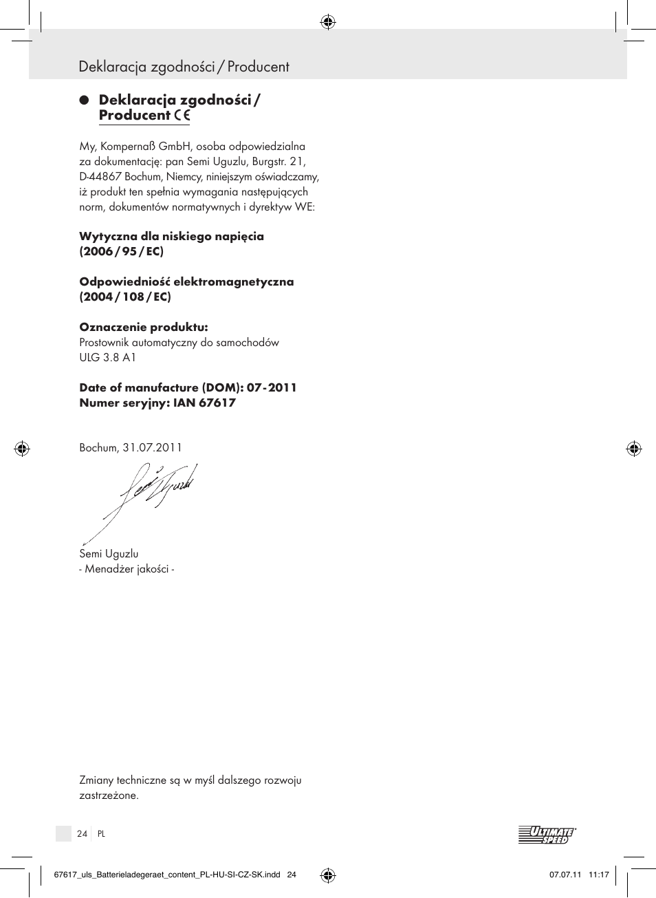 Deklaracja zgodności / producent | Ultimate Speed ULG 3.8 A1 User Manual | Page 25 / 73