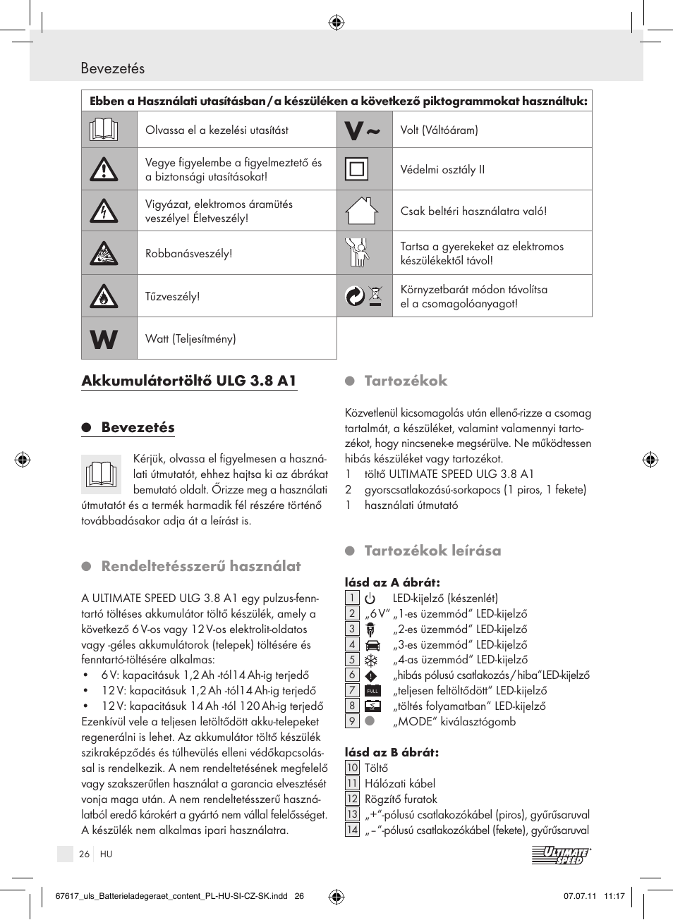 Bevezetés, Akkumulátortöltő ulg 3.8 a1, Rendeltetésszerű használat | Tartozékok, Tartozékok leírása | Ultimate Speed ULG 3.8 A1 User Manual | Page 27 / 73