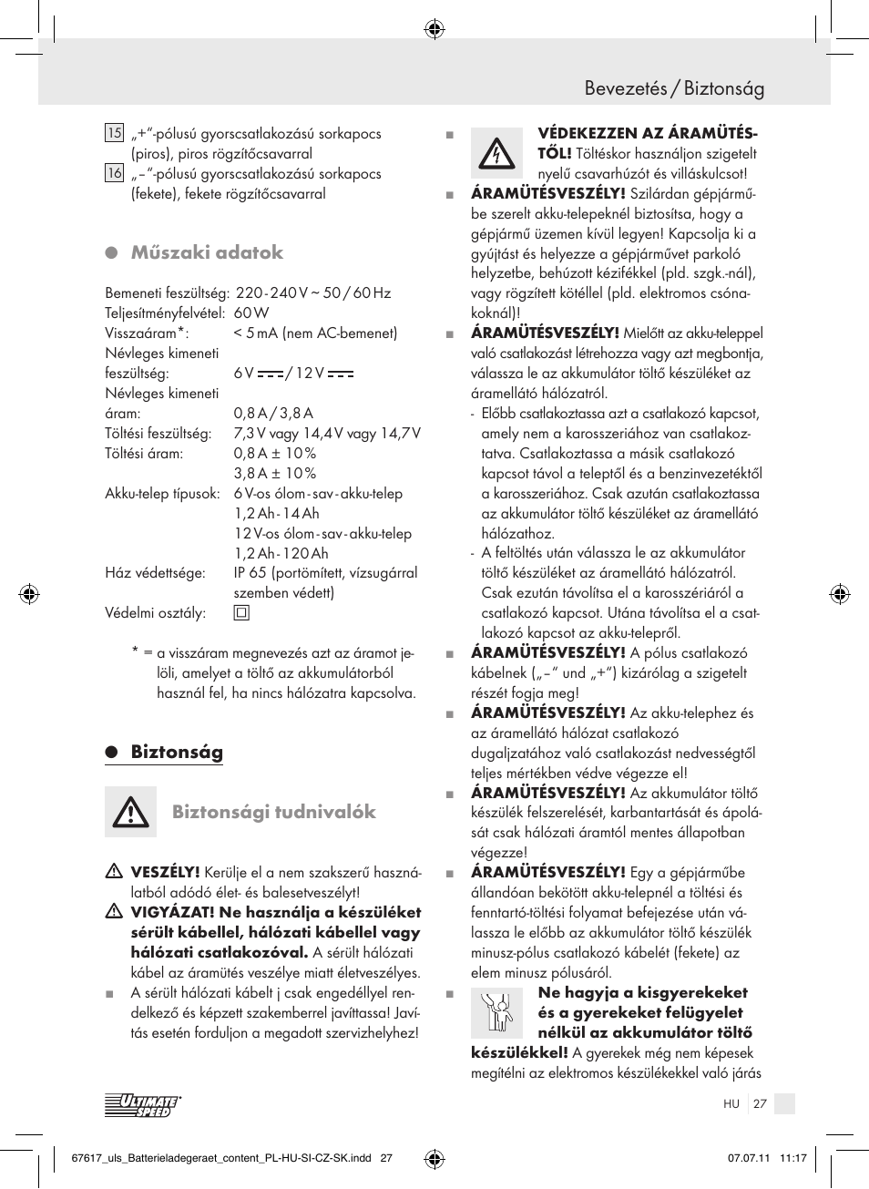 Bevezetés / biztonság, Műszaki adatok, Biztonság biztonsági tudnivalók | Ultimate Speed ULG 3.8 A1 User Manual | Page 28 / 73