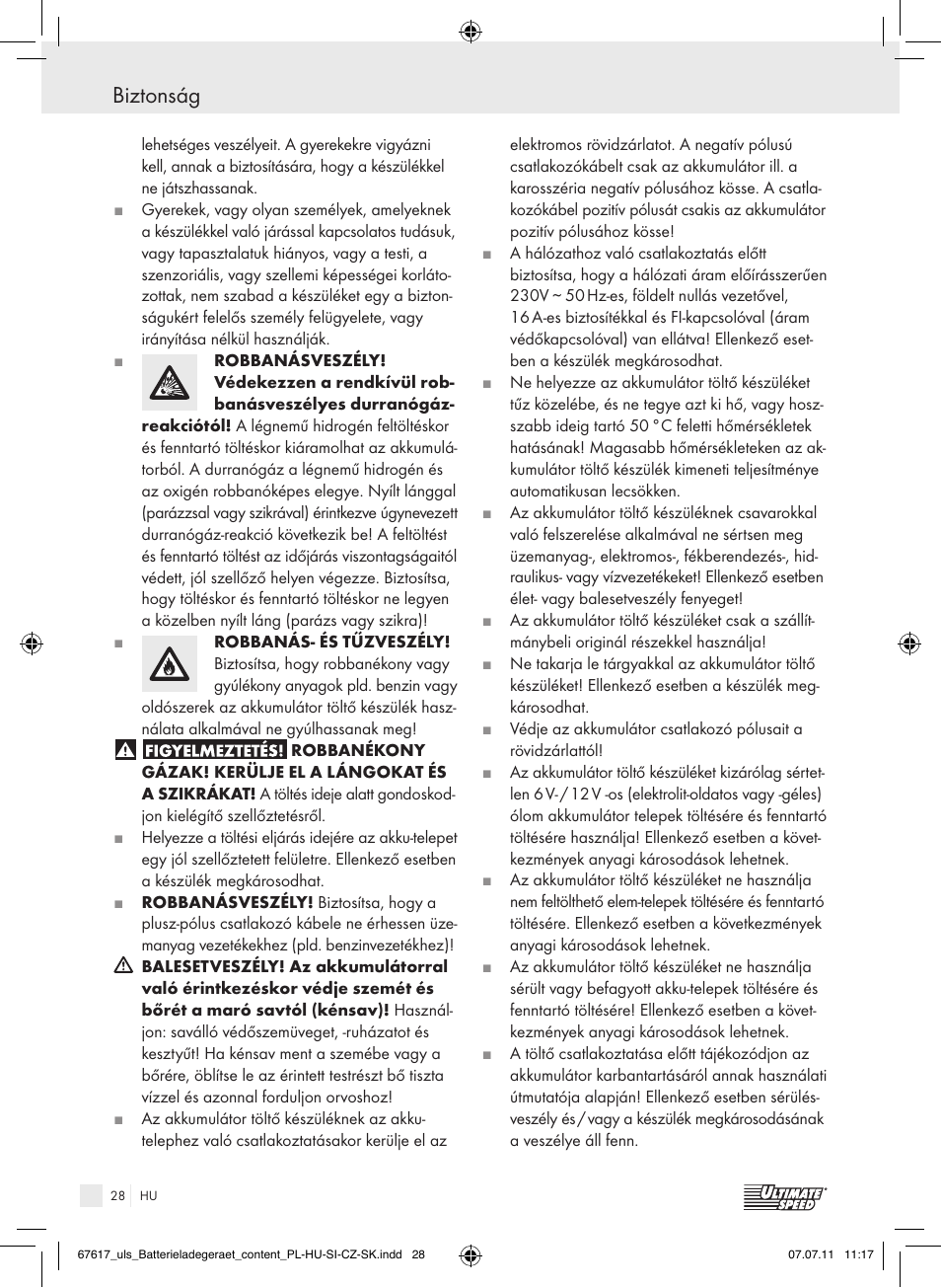 Biztonság | Ultimate Speed ULG 3.8 A1 User Manual | Page 29 / 73