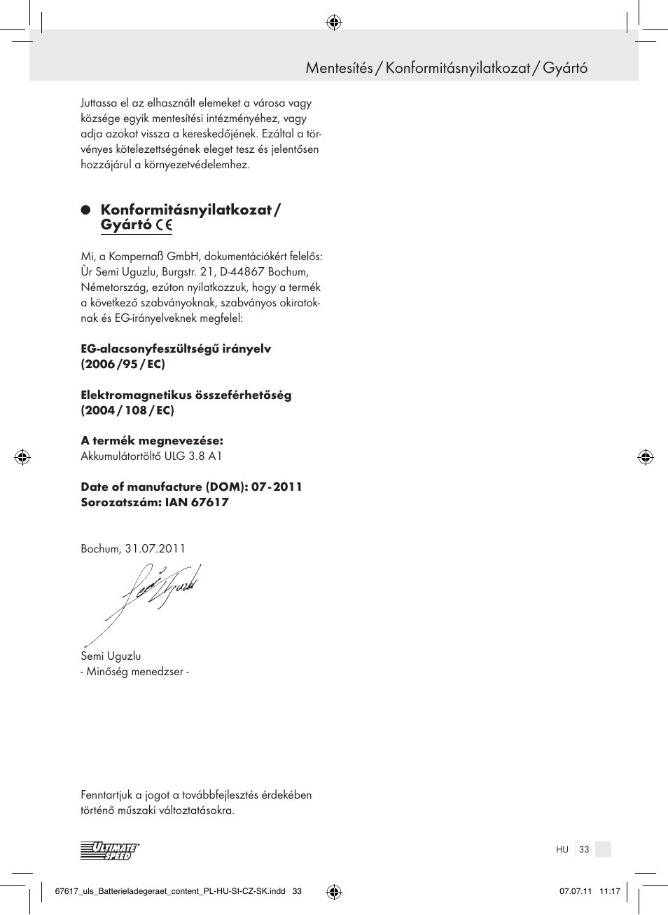 Mentesítés / konformitásnyilatkozat / gyártó, Konformitásnyilatkozat / gyártó | Ultimate Speed ULG 3.8 A1 User Manual | Page 34 / 73