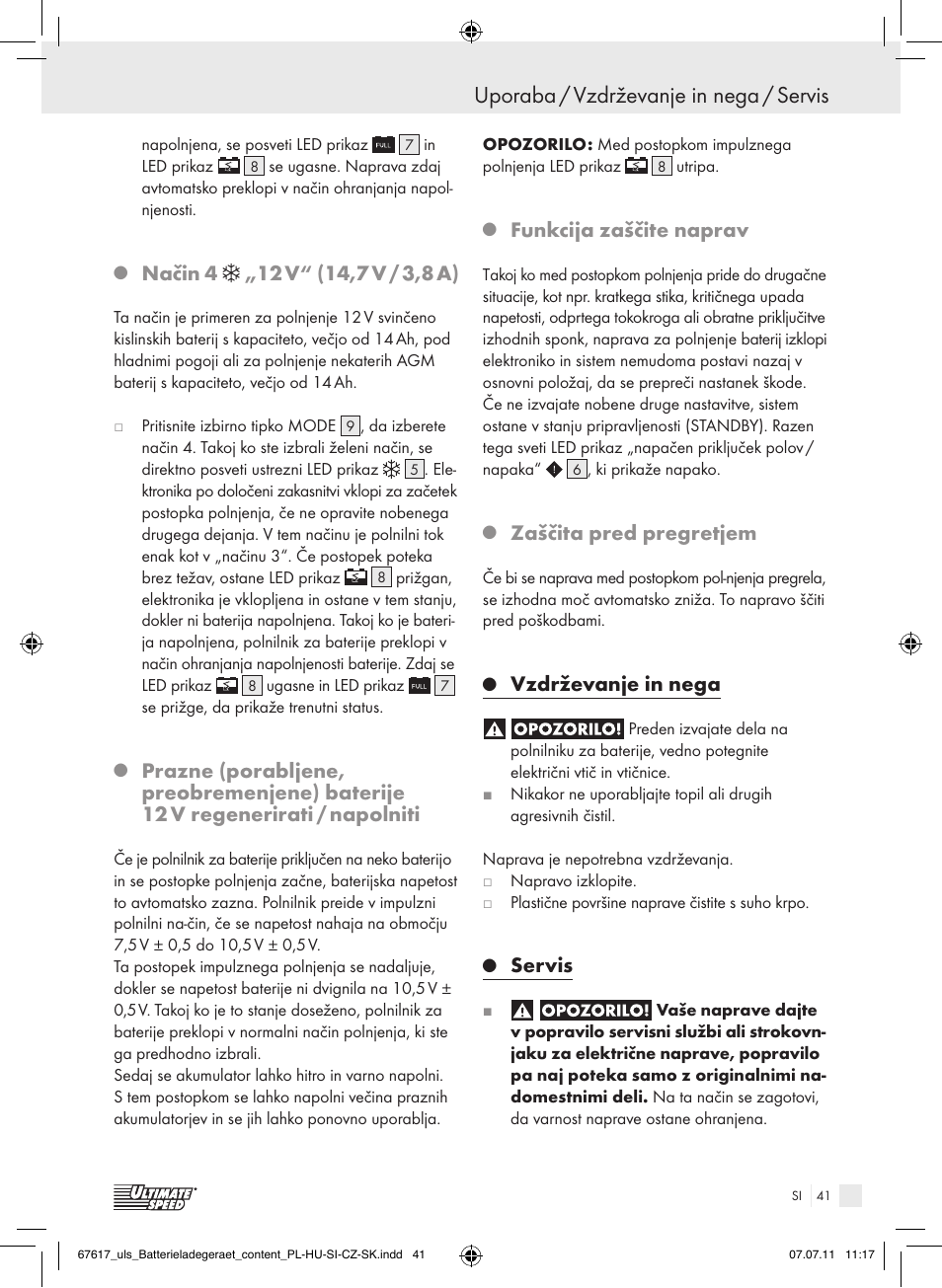 Uporaba / vzdrževanje in nega / servis uporaba, Funkcija zaščite naprav, Zaščita pred pregretjem | Vzdrževanje in nega, Servis | Ultimate Speed ULG 3.8 A1 User Manual | Page 42 / 73