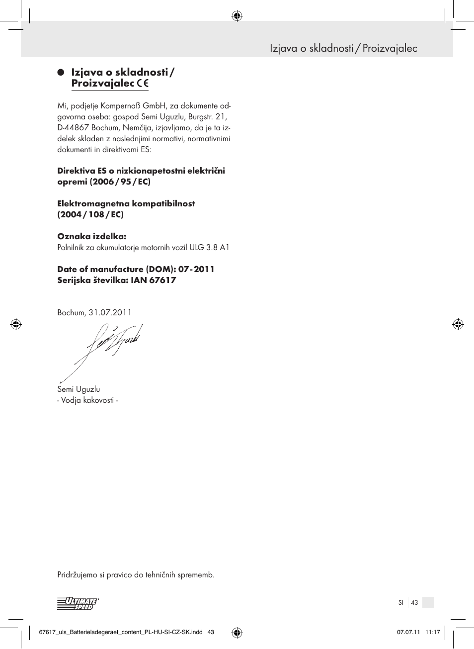 Izjava o skladnosti / proizvajalec | Ultimate Speed ULG 3.8 A1 User Manual | Page 44 / 73